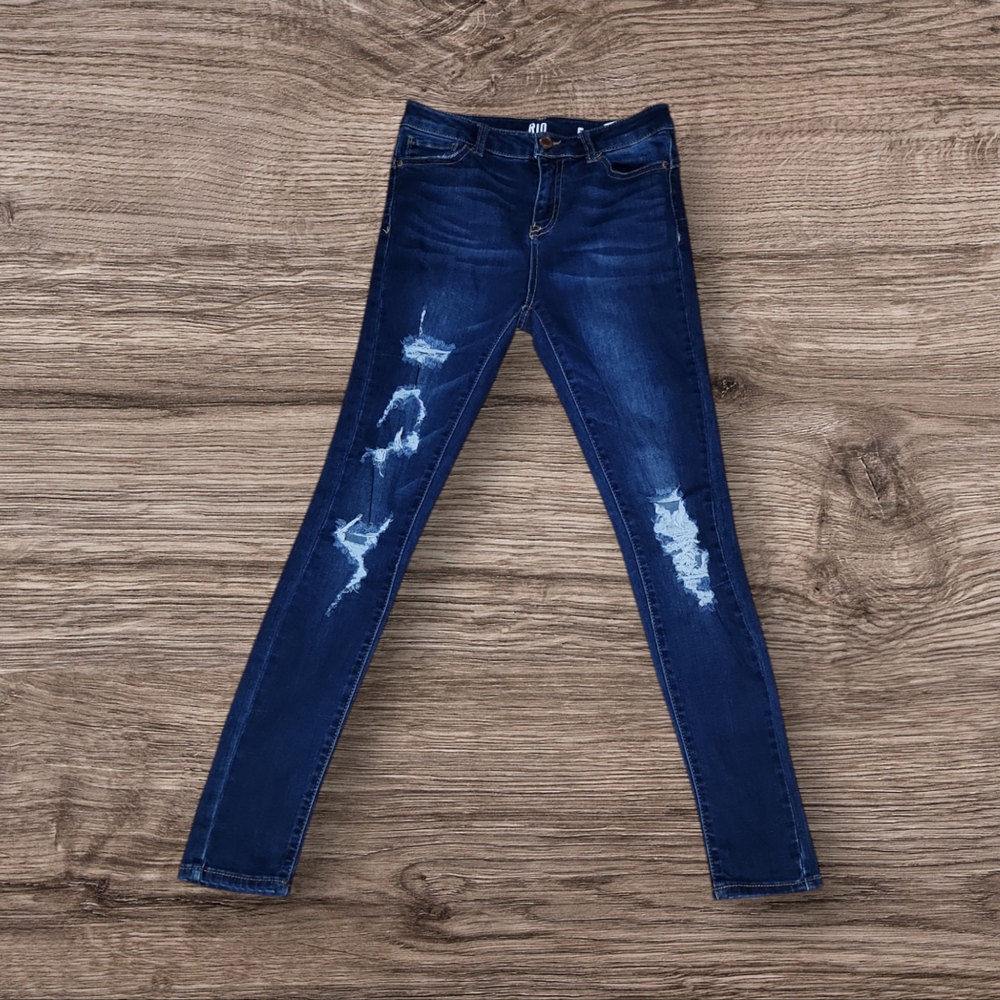 Rio Low Rise Skinny Push Up Indigo Destructed Tapered Jeans